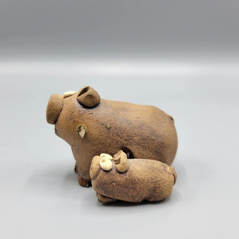 Vintage Handcrafted Clay Pig And Piglet Figurine By Clay Companions 1.5